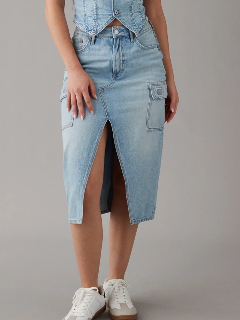 American Eagle Outfitters Light Wash Denim Midi Skirt with Front Slit